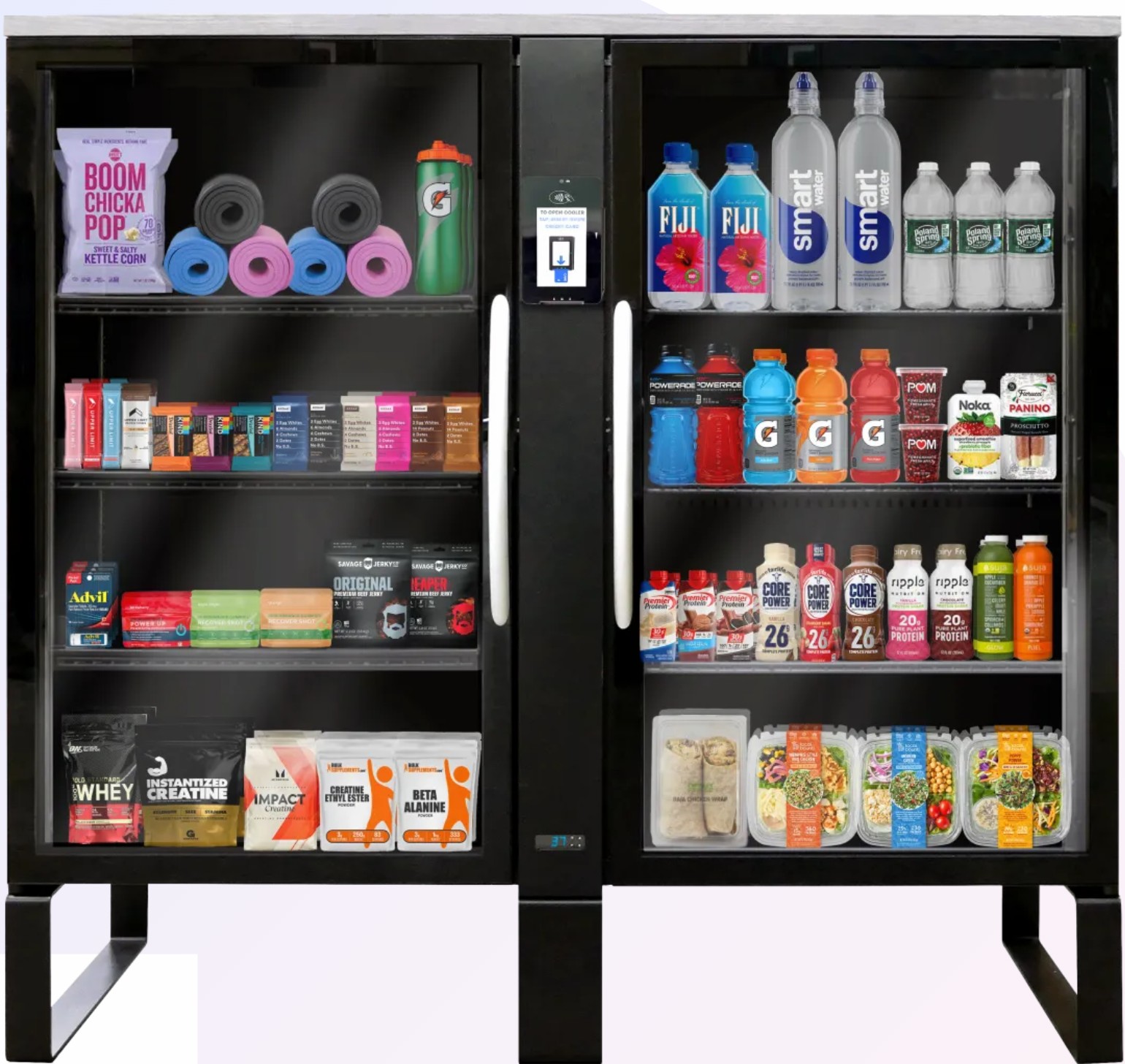 Modern amenity vending machine with drinks, snacks, and convenience items