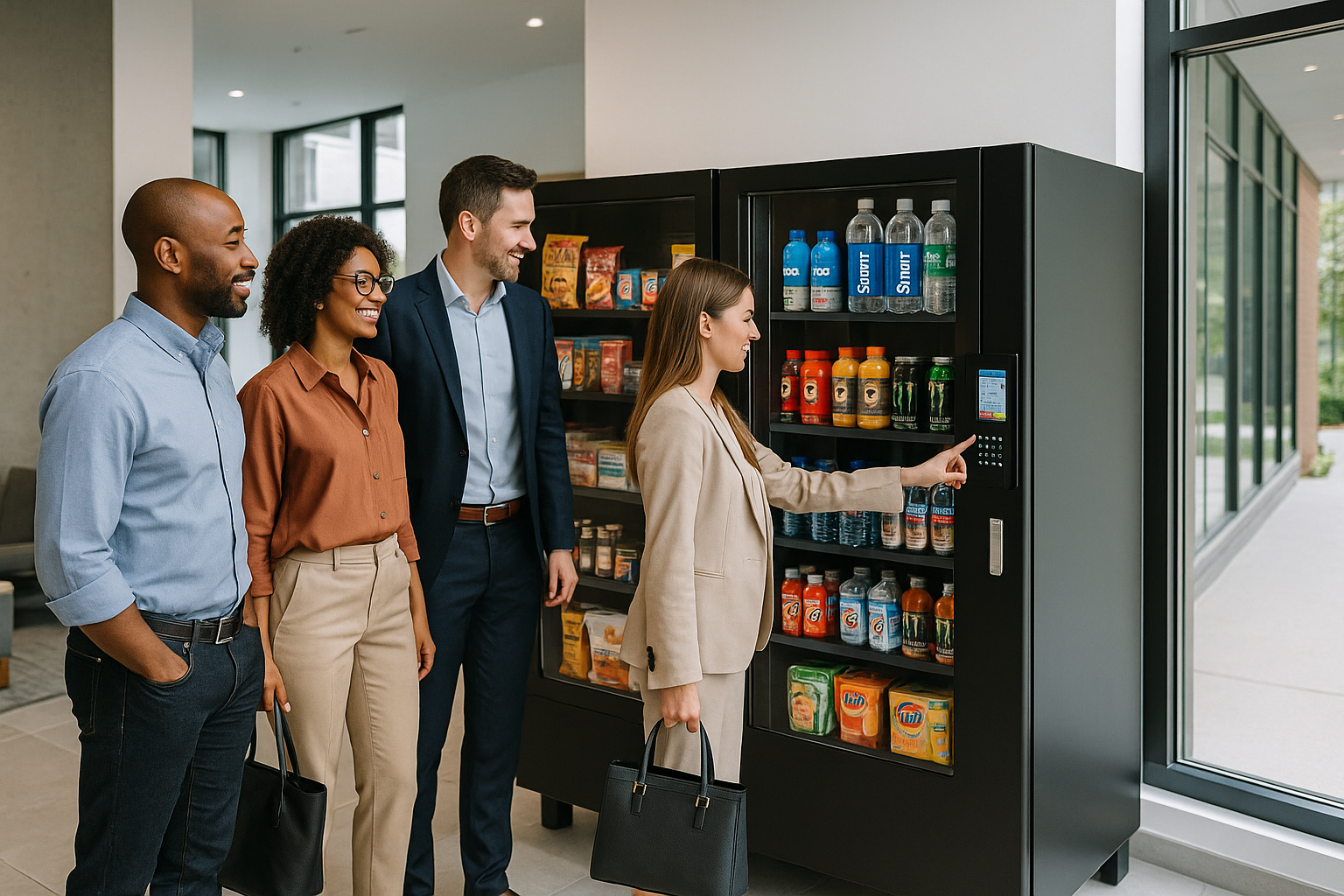 Professionals using a modern vending machine in a bright office space
